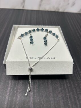 Estate .925 Sterling Silver & Cascading Crystal Beaded Necklace Earrings